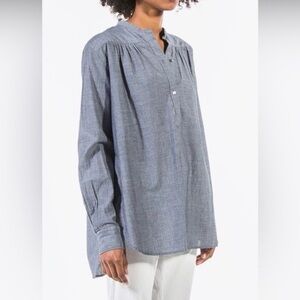 Nili Lotan Cotton Ruched Tunic Henley Top Blue Size M